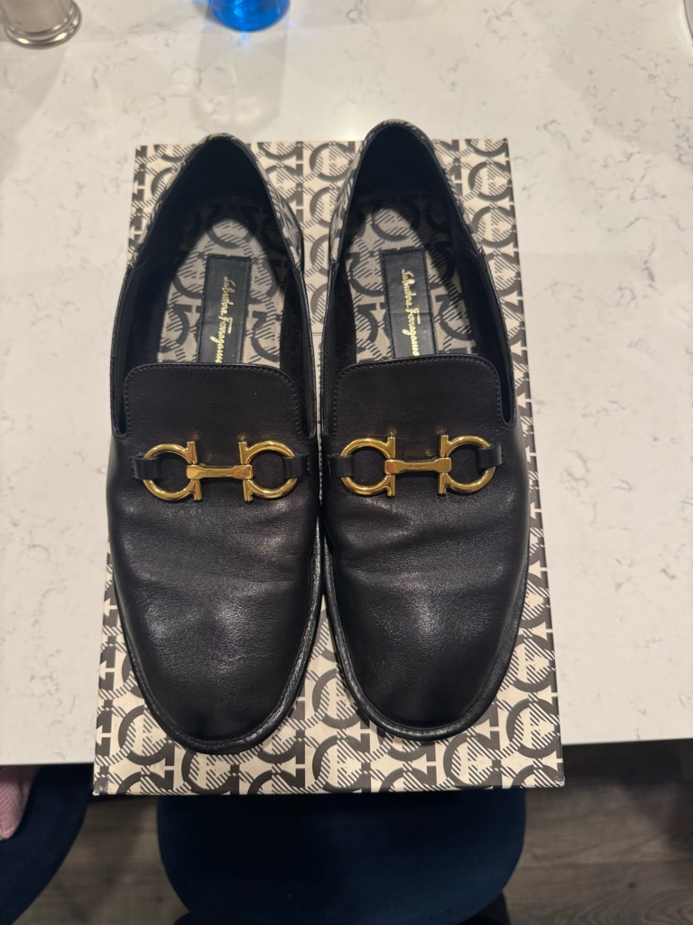 Salvatore Ferragamo Black Leather Loafers with Gold Gancini Detail